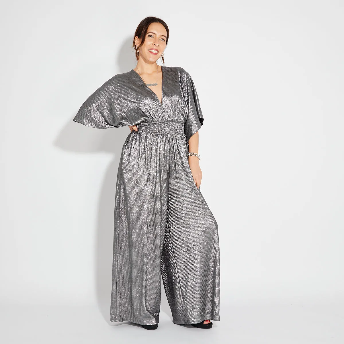 Silver Disco V Neck Jumpsuit