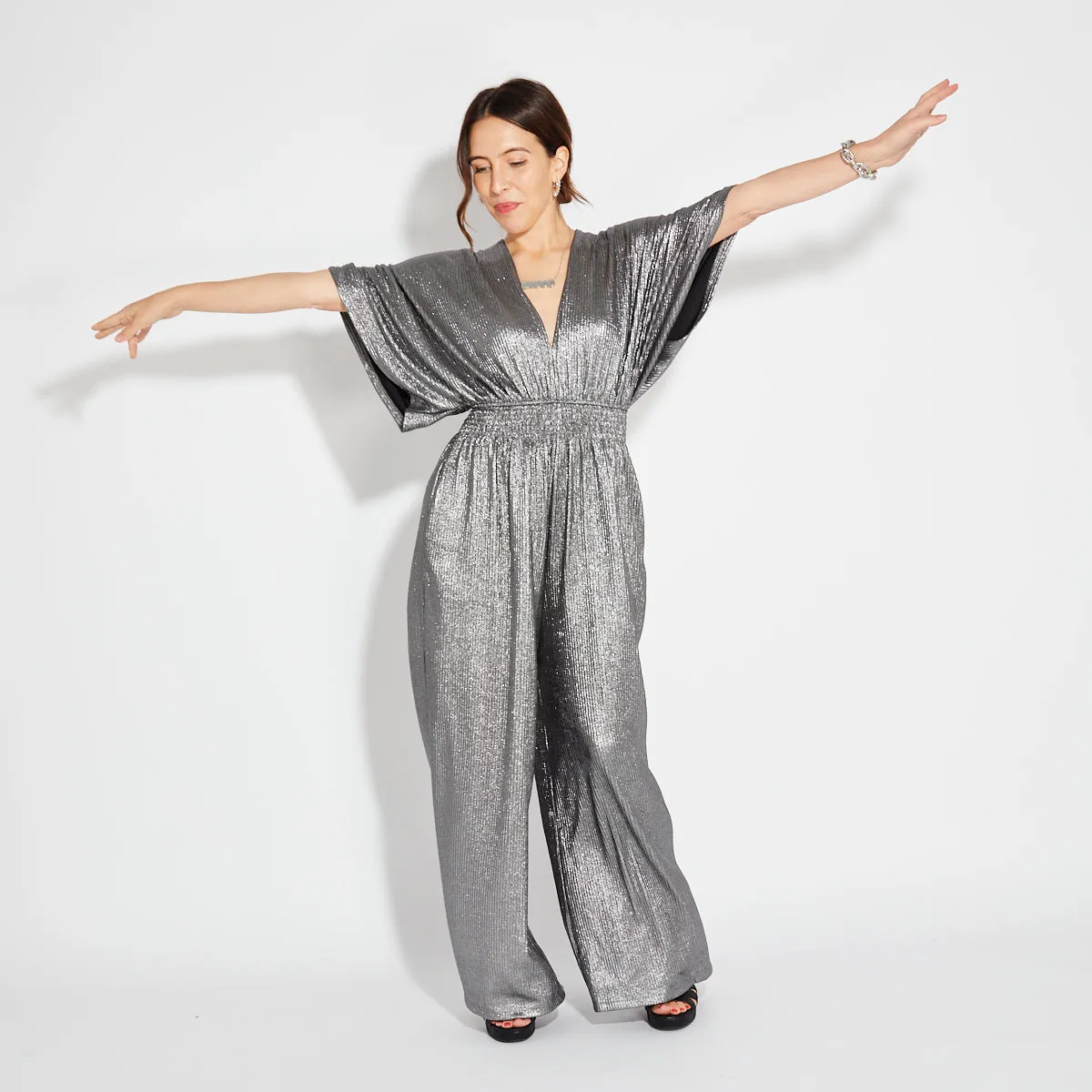 Silver Disco V Neck Jumpsuit