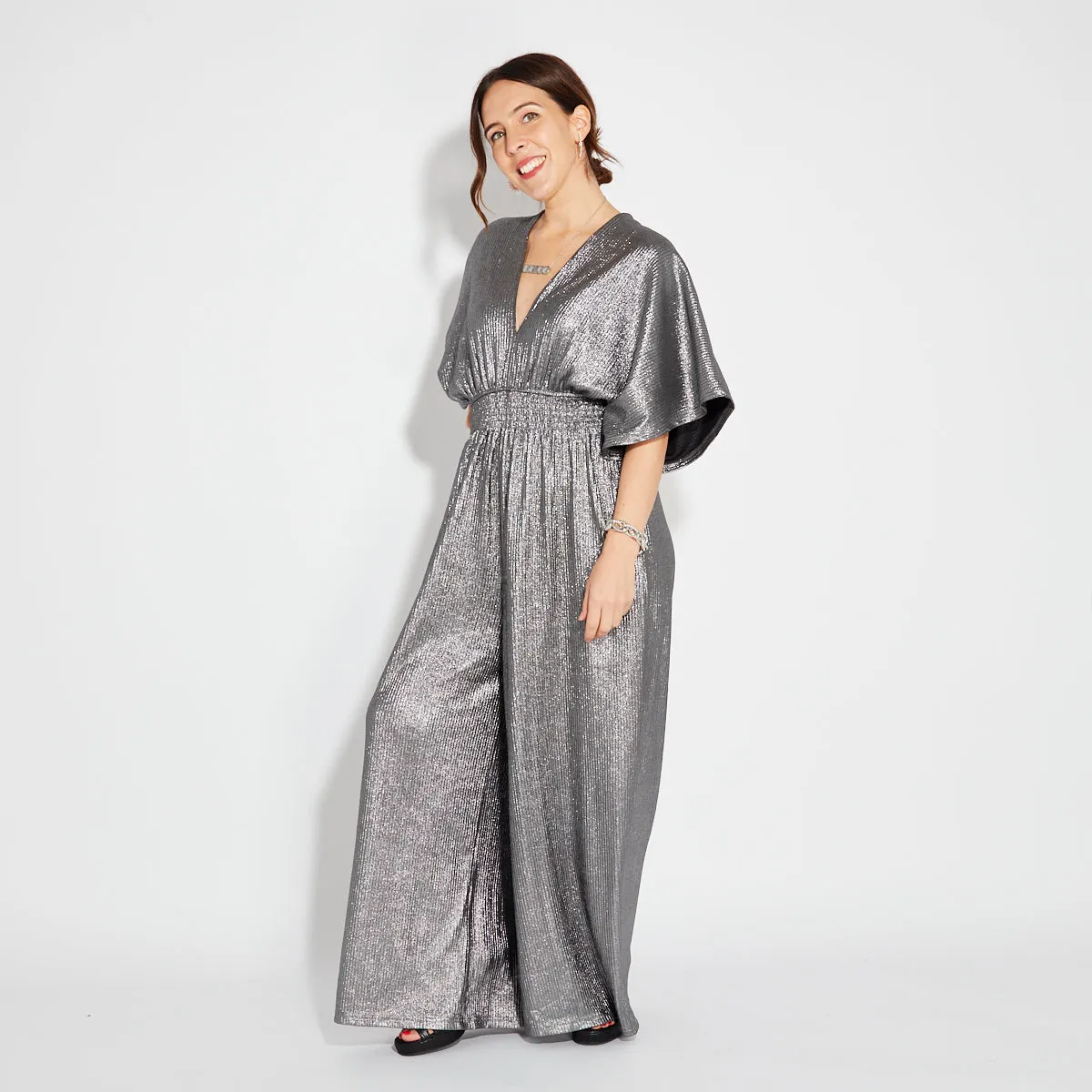 Silver Disco V Neck Jumpsuit