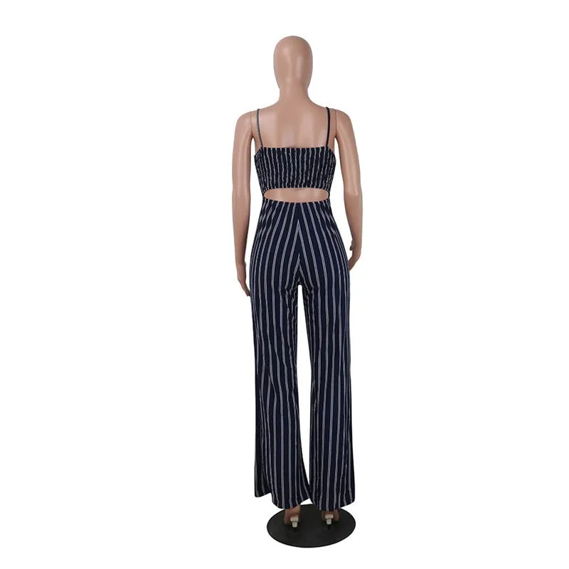 Summer New Blue Bodycon Backless Stripe Jumpsuits Women Sexy Party Clubwear Casual Bowtie Overalls Jumpsuit Plus Size