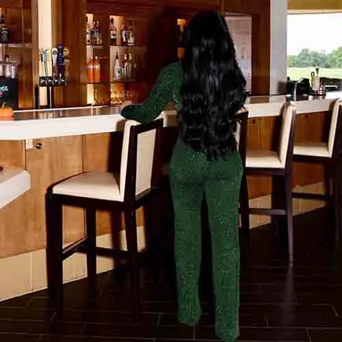 Women Sexy V Neck Sparkly Jumpsuits Long Sleeve Loose Pants Party Clubwear