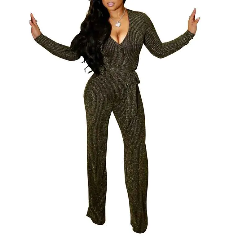 Women Sexy V Neck Sparkly Jumpsuits Long Sleeve Loose Pants Party Clubwear