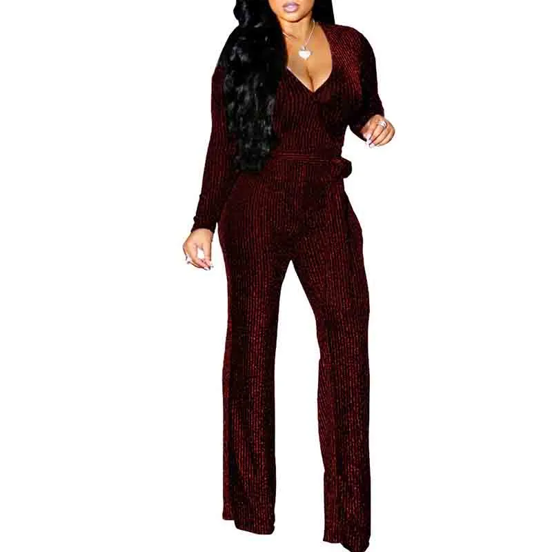 Women Sexy V Neck Sparkly Jumpsuits Long Sleeve Loose Pants Party Clubwear