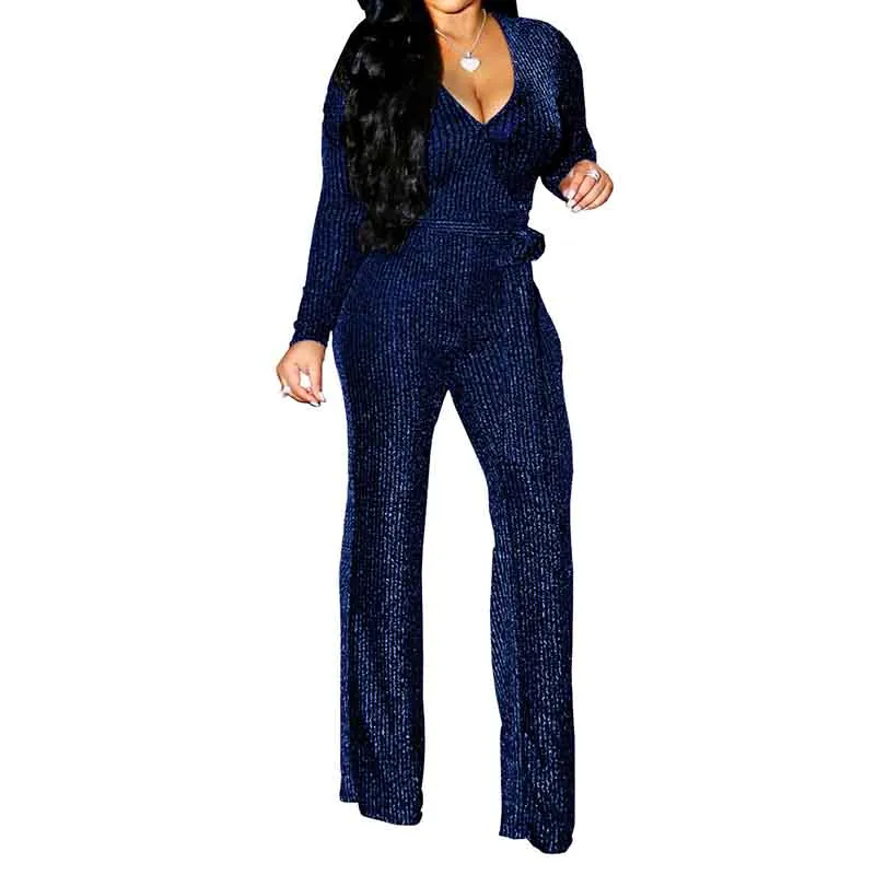 Women Sexy V Neck Sparkly Jumpsuits Long Sleeve Loose Pants Party Clubwear