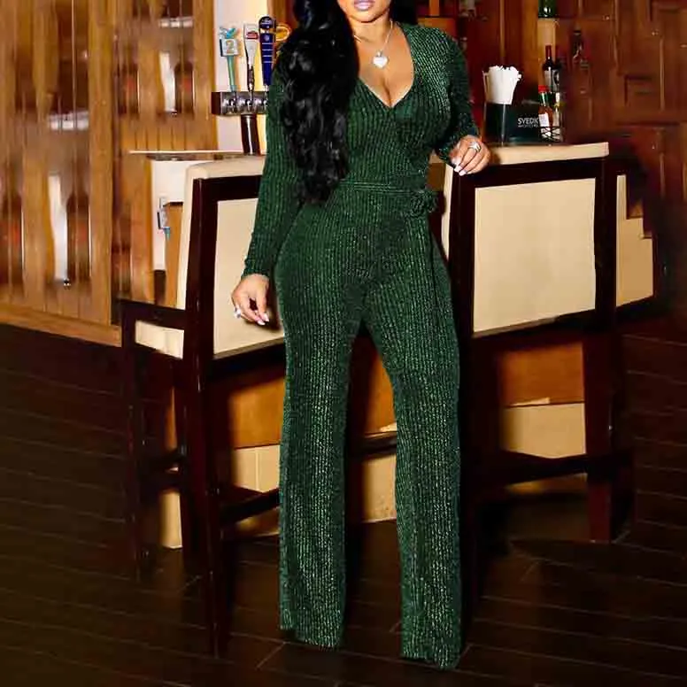 Women Sexy V Neck Sparkly Jumpsuits Long Sleeve Loose Pants Party Clubwear