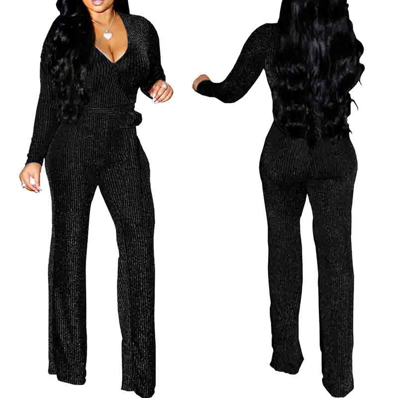 Women Sexy V Neck Sparkly Jumpsuits Long Sleeve Loose Pants Party Clubwear